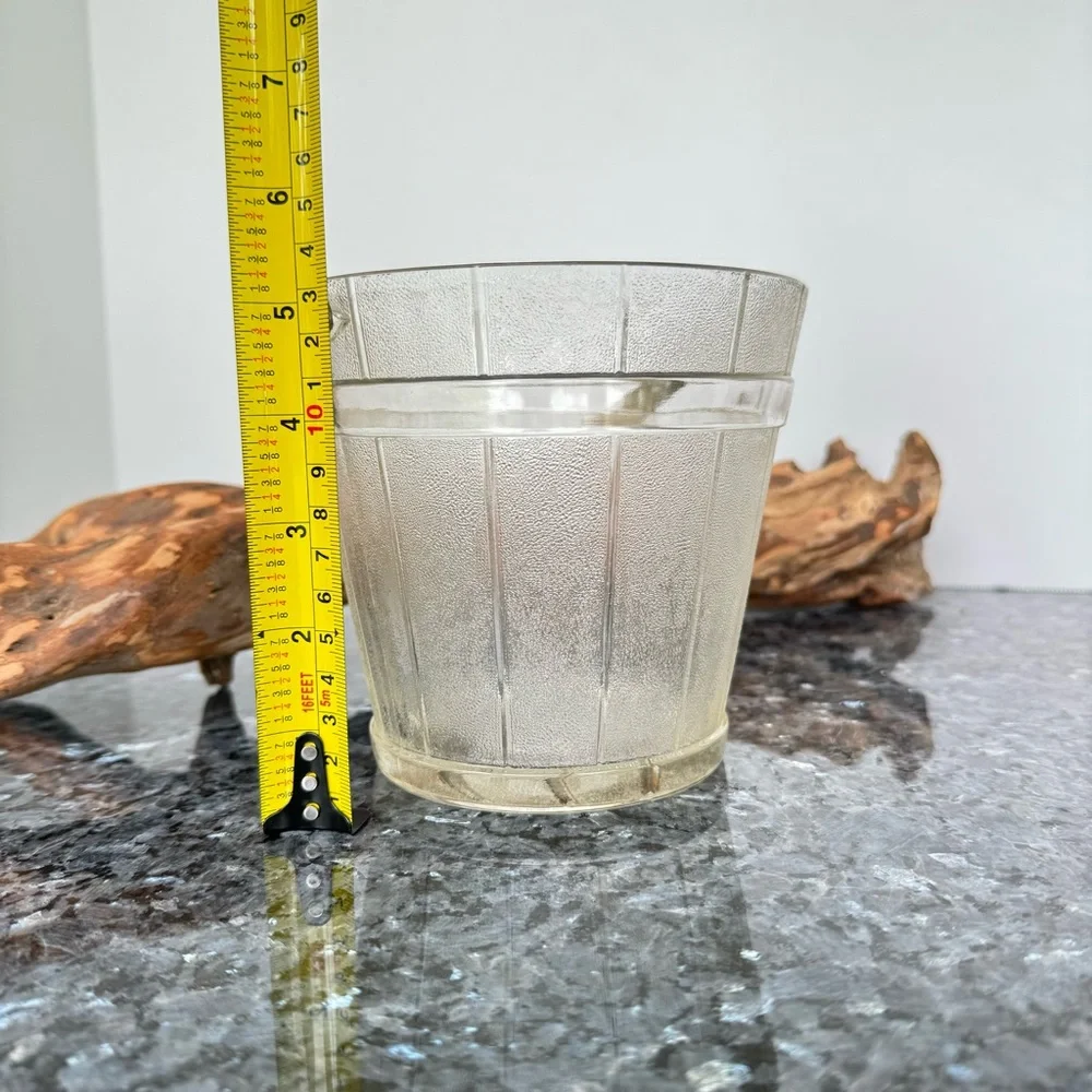 VTG Frosted Glass Wooden Pail Design Ice Bucket With Hammered Metal Swing Handle